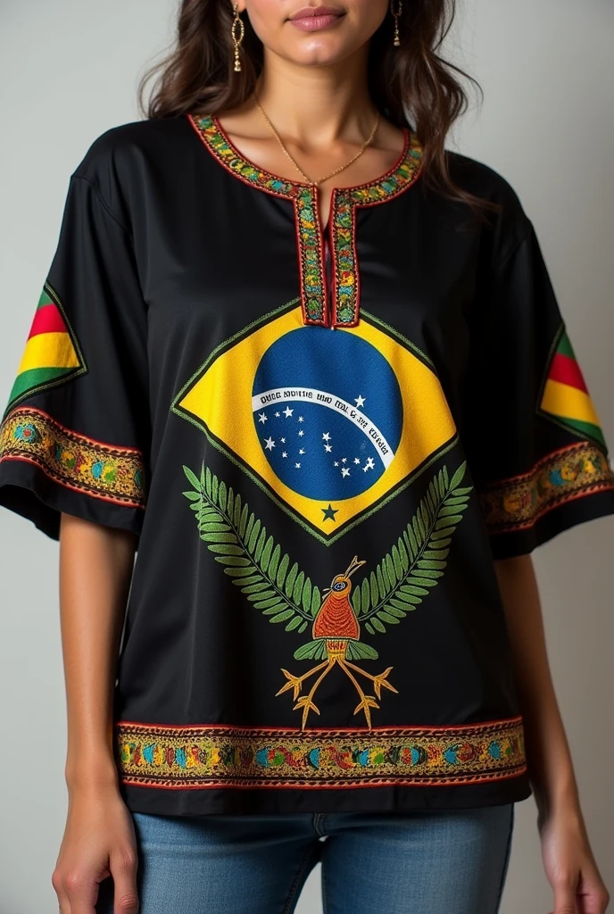 An all-black blouse with the Maranhão state flag on the chest of the blouse, the wise-of-the-beach bird on the bottom side of the blouse, and on the sleeve details of the reggae flag