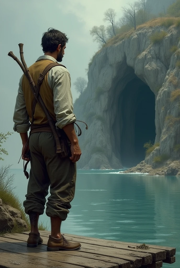 A man from a dock looking towards a distant cave. The man is dressed as a peasant and the cave is further away. You can only see the upper torso of the man and it is less realistic, even less realistic.