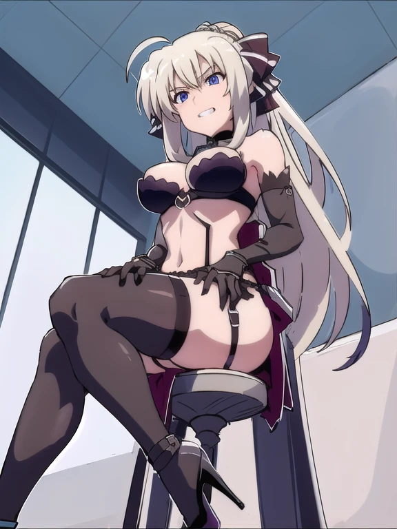 prison, concrete wall, concrete floor, ((bare shoulders)), ((black bustier)), ((black stockings)), ((black g-string)), ((black high heels)), ((black garter belt)), ((black elbow gloves)), ((chair)), ((female sitting in a chair)), ((evil grin)), (((((from below:1.3))))), looking at viewer, ass pov, ((((looking down:1.5)))), ((stare at viewer with stern eyes)),
One girl, Long Hair, Purple eyes, chest, Ahoge, very Long Hair, large breasts, ribbon, hair ribbon, ponytail, bangs,
