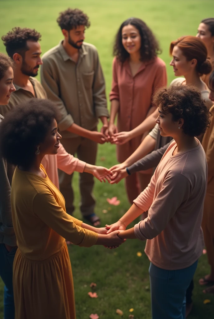 A group of people create a circle with holding hand