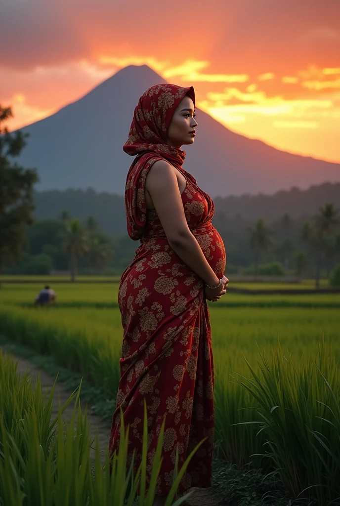 Naked javanesian thick woman, early 20s, batik headscarf, in a rice paddy, mountain range, sunset