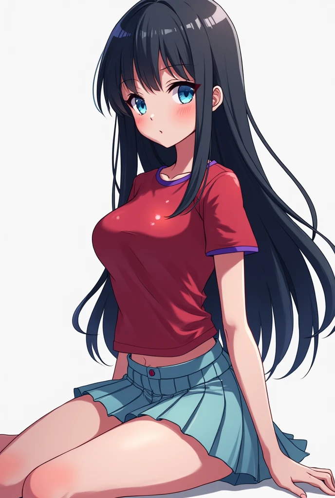 (masterpiece), best quality, expressive eyes, perfect face,  the character is a beautiful anime-style girl with very long black hair and blue eyes, a large chest, a slender body and slender legs, a modern red t-shirt with short purple sleeves, a light blue pleated mini skirt, pixel art, red t-shirt wet, sit profile pose, slim legs.