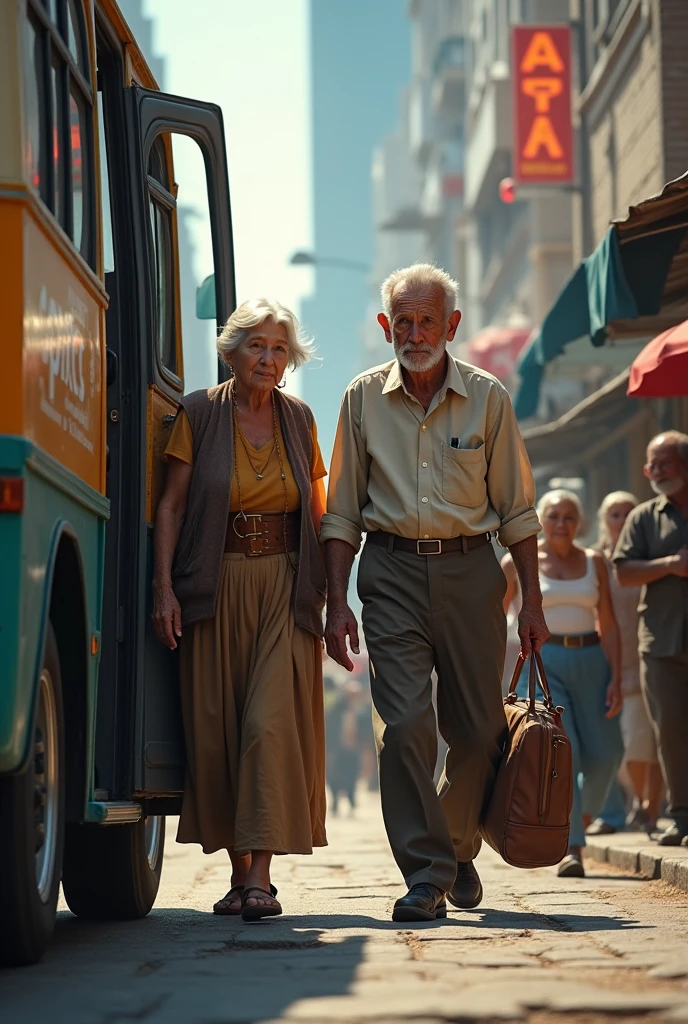 The elderly couple, she in a skirt and the man in trousers, are getting off the minibus that arrived in the city
