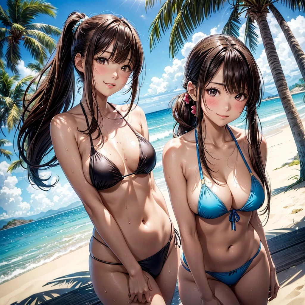 ((highest quality, masterpiece, High resolution)), ((reality)),Photos of beautiful Japanese women,((anime art))、 (((1 girl))), normal size breasts, slim body shape, long ponytail,double eyelid, Wet see-through micro bikini, A pareo with bold ethnic patterns and plenty of primary colors、(Brown skin:1.4),realistic skin、Wet,whole body,cinematic light、tropical、Against the background of palm trees on both sides、on a sunny beach、With the sea in the background、blur background、smile