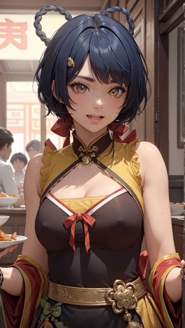 masterpiece, top quality, high detailed, detailed face, bright Eyes, outdoor, blurred background, dynamic poses, dynamic angle, (from the front),standing, (small breasts),(pokies),(see through dress),(Looking forward:1.5), xianglingdef,joyful, laughing, hot and spicy, happy, in a old traditional Chinese restaurant