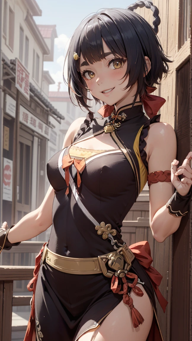 masterpiece, top quality, high detailed, detailed face, bright Eyes, outdoor, blurred background, dynamic poses, dynamic angle, (from the front),standing, (small breasts),(pokies),(see through dress),(Looking forward:1.5), xianglingdef,joyful, laughing, hot and spicy, happy, in a old traditional Chinese restaurant