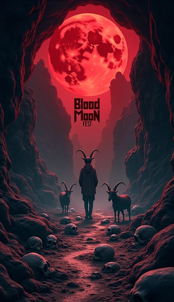 flyer for metal event Scary cave with skulls on the floor, goats and with a red moon and on the wall is the phrase Blood Moon Fest 