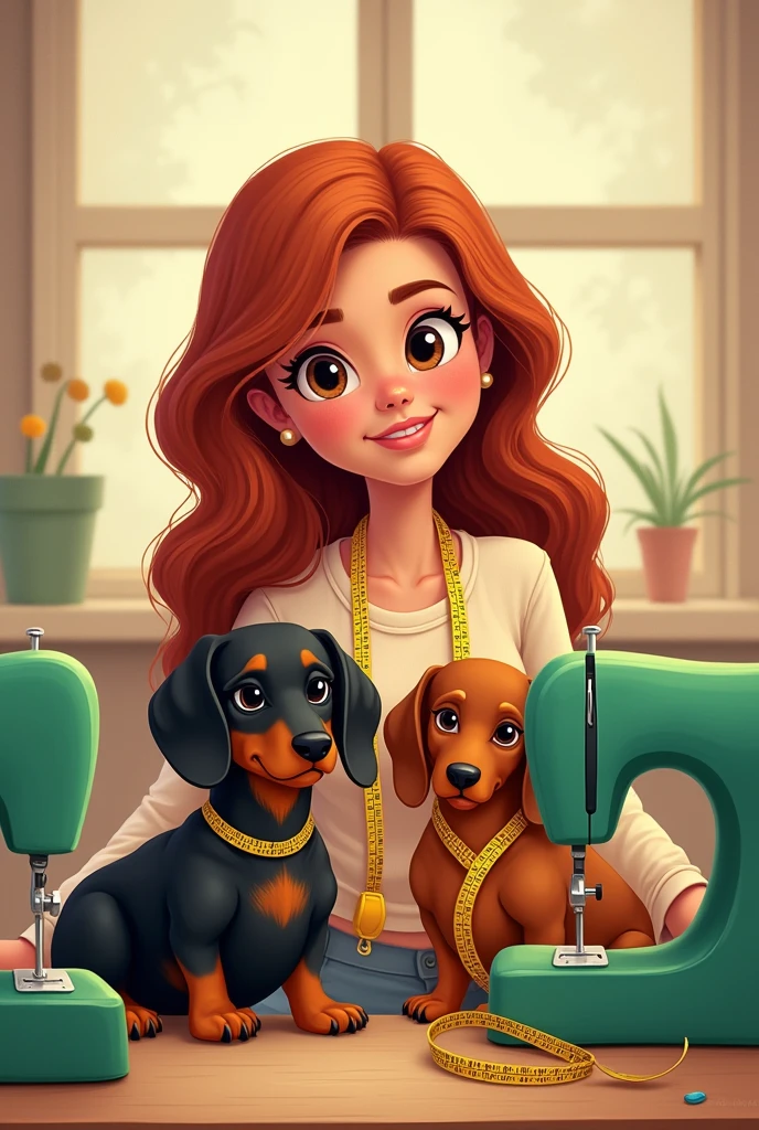 A cartoon style image of a woman with long wavy medium red hair and brown skin, round face sitting with brown eyes, next to green sewing machines and two dogs, an all black dachshund and another black and caramel dachshund, with a tape measure hanging around the necks of the woman and the dogs