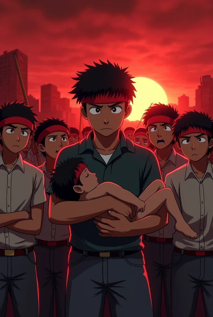 It is a protest performed by students of Bangladesh putting red headbans on and they all are angry with one guy having a sleeping boy on his hands the background is dark red and sun is rising behind them its japanese anime