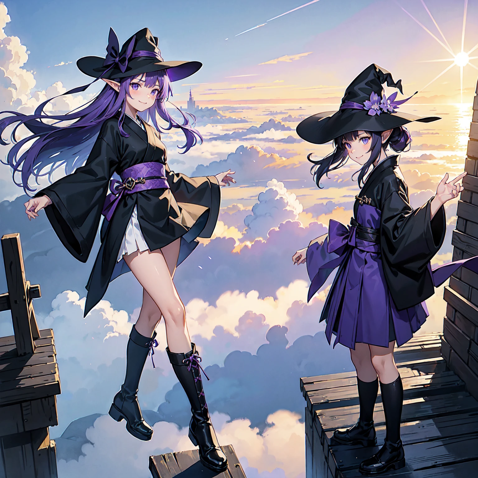 A girl with long violet-purple hair. A gentle, full smile. Pointy elf ears. Her clothes are simple: a black robe with wide sleeves and a black miniskirt. Her knees are showing. The front has a V-shaped white insert like a kimono. A witch's hat with purple ribbons on either side. Gentle face. Black boots. Background, bright painting, Makoto Shinkai, endless stairs only, floating long stairs, floating stairs in the air, stairs above clouds, illustration, nostalgic, vivid, above clouds, bright, fresh, sunset. A maze of connected stairs.