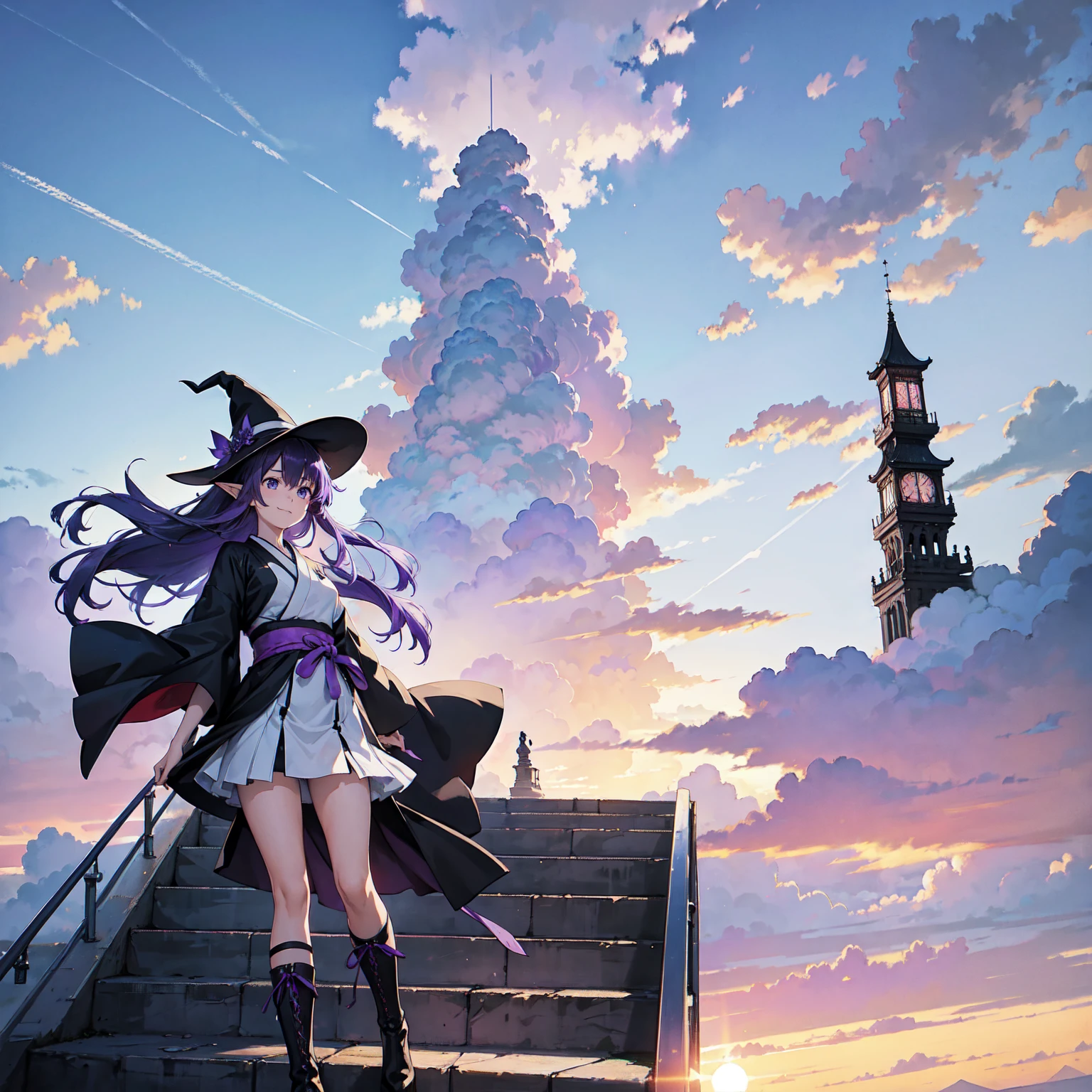 A girl with long violet-purple hair. A gentle, full smile. Pointy elf ears. Her clothes are simple: a black robe with wide sleeves and a black miniskirt. Her knees are showing. The front has a V-shaped white insert like a kimono. A witch's hat with purple ribbons on either side. Gentle face. Black boots. Background, bright painting, Makoto Shinkai, endless stairs only, floating long stairs, floating stairs in the air, stairs above clouds, illustration, nostalgic, vivid, above clouds, bright, fresh, sunset. A maze of connected stairs.