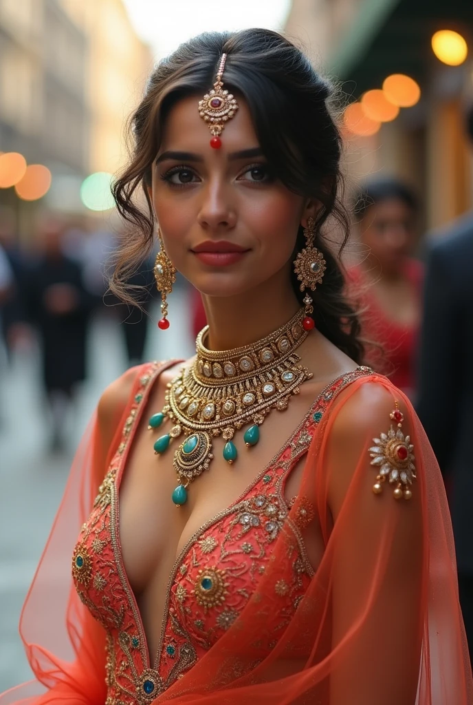 a beautiful indian girl, ornate indian jewelry, gorgeous indian dress made of transperent plastic, see-through dress, sexy indian hairstyle, busy street in england, photorealistic, high quality, 8k, realistic, detailed, vivid colors, warm lighting, intricate details, elegant, glamorous, alluring
