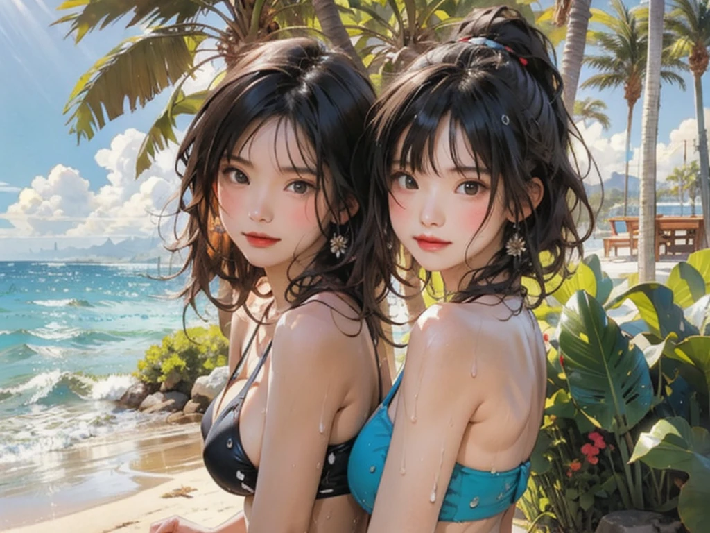 ((highest quality, masterpiece, High resolution))、((anime art))、 ((reality))、beautiful japanese woman、((two women))、18-year-old、(They are friends)、((Hug your partner from behind))、(Detailed depiction of a beautiful face)、smile gently、small breasts、slim body shape、medium short hair、semi-long、bun hair、Wet see-through bikini、Wrap your waist in fabric with bold ethnic patterns and plenty of primary colors.、realistic skin、Wet、full body、No zoom、No close-ups、(Beautiful tropical beach landscape photography)、cinematic light、tropical、(flowers on the beach)、Against the background of palm trees、on a sunny beach、With the sea in the background、squall、rainbow、blur background、