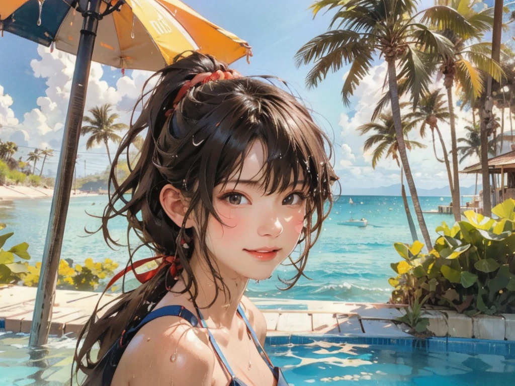((highest quality, masterpiece, High resolution)), ((reality)),Photos of beautiful Japanese women,((anime art))、 (((1 girl))), normal size breasts, slim body shape, long ponytail,double eyelid, Wet see-through micro bikini, A pareo with bold ethnic patterns and plenty of primary colors、(Brown skin:1.4),realistic skin、Wet,whole body,cinematic light、tropical、Against the background of palm trees on both sides、on a sunny beach、With the sea in the background、blur background、smile