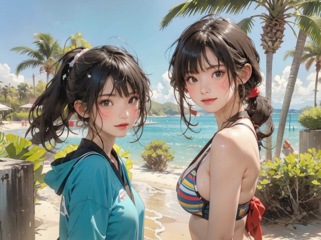 ((highest quality, masterpiece, High resolution)), ((reality)),Photos of beautiful Japanese women,((anime art))、 (((1 girl))), normal size breasts, slim body shape, long ponytail,double eyelid, Wet see-through micro bikini, A pareo with bold ethnic patterns and plenty of primary colors、(Brown skin:1.4),realistic skin、Wet,whole body,cinematic light、tropical、Against the background of palm trees on both sides、on a sunny beach、With the sea in the background、blur background、smile