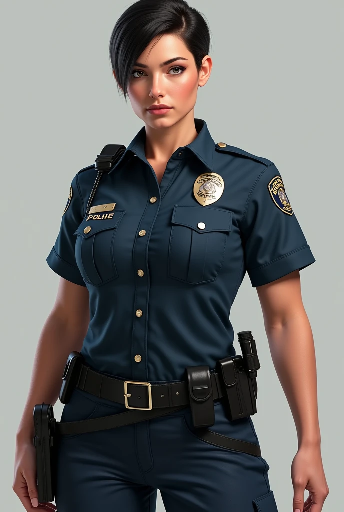 40 years old woman, realistic, well detailed, skin detailing, skin textures, realism, police officer, thick fit body, full body image