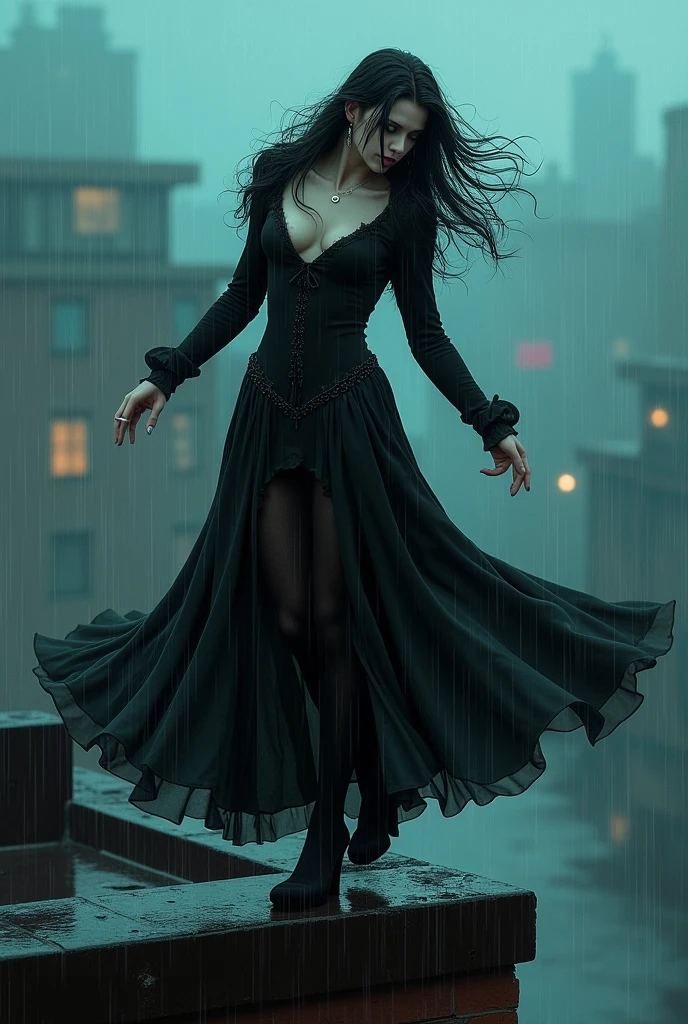 A sexy male with teal blue eyes and long black hair, with a nice and delicate facial features, dressed in gothic clothes, his skin is pale and white, he's smoking a cigarette while dancing in the rain on the edge of the rooftop. He looks seductive. No facial hair. 