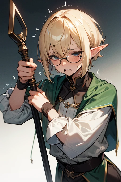 male、male性、Short Hair、Straight Bob、Blonde、Glasses、adult、adultのmale、adultの体、大柄のmale、Elf、Pride、Severe、Disgust、Irritation、Clumsy Hands、Stocky build、Slender、sex appeal、Magic Mentor、Long staff、Sweat、Sexual、Heavy breathing、pleasure、Brainwashed、Charmed state、desire、palpitation、Saliva