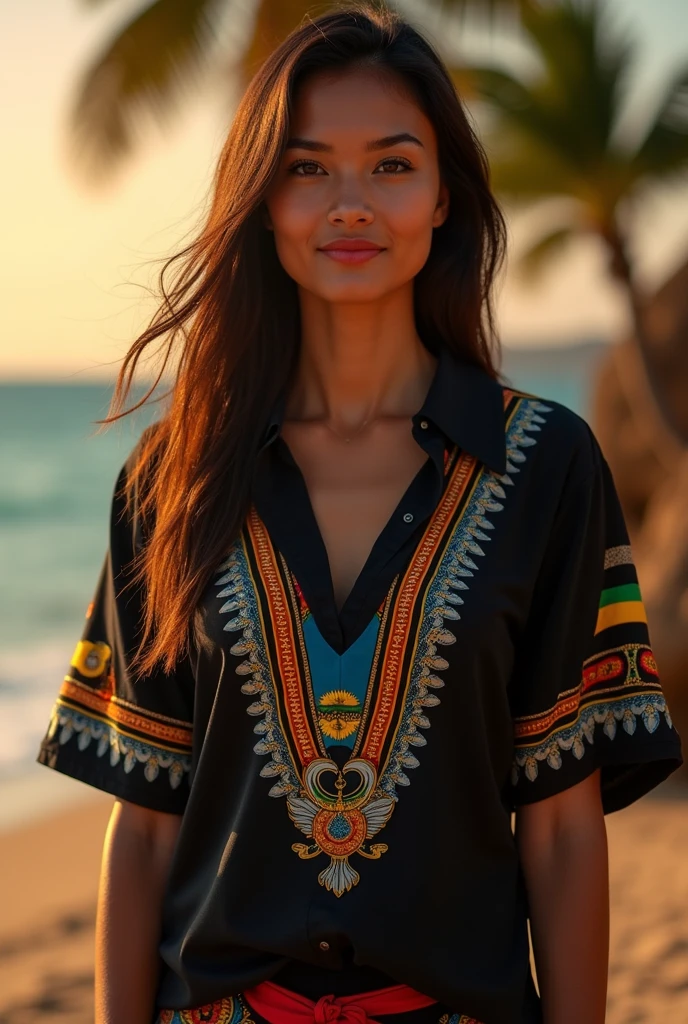 An all black blouse with the flag of the state of Maranhão on the chest of the blouse at the top, the wise-of-the-beach bird on the bottom side of the blouse, and reggae flag details on the sleeve of the blouse