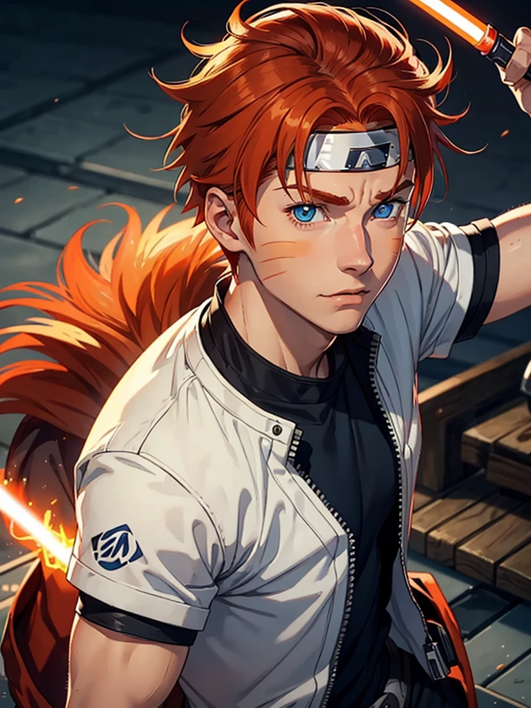 A young man (17 years) redhead with blue eyes, three whisker marks on his cheeks and tanned skin (redhead naruto), This guy has to have jedi attire and an orange lightsaber