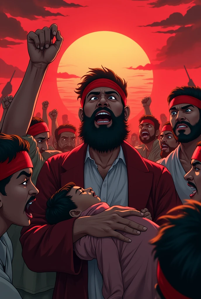 It is a protest performed by students of Bangladesh putting red headbans on and they all are angry with one man with beard having a sleeping boy on his hands the background is dark red and sun is rising behind them its japanese anime 