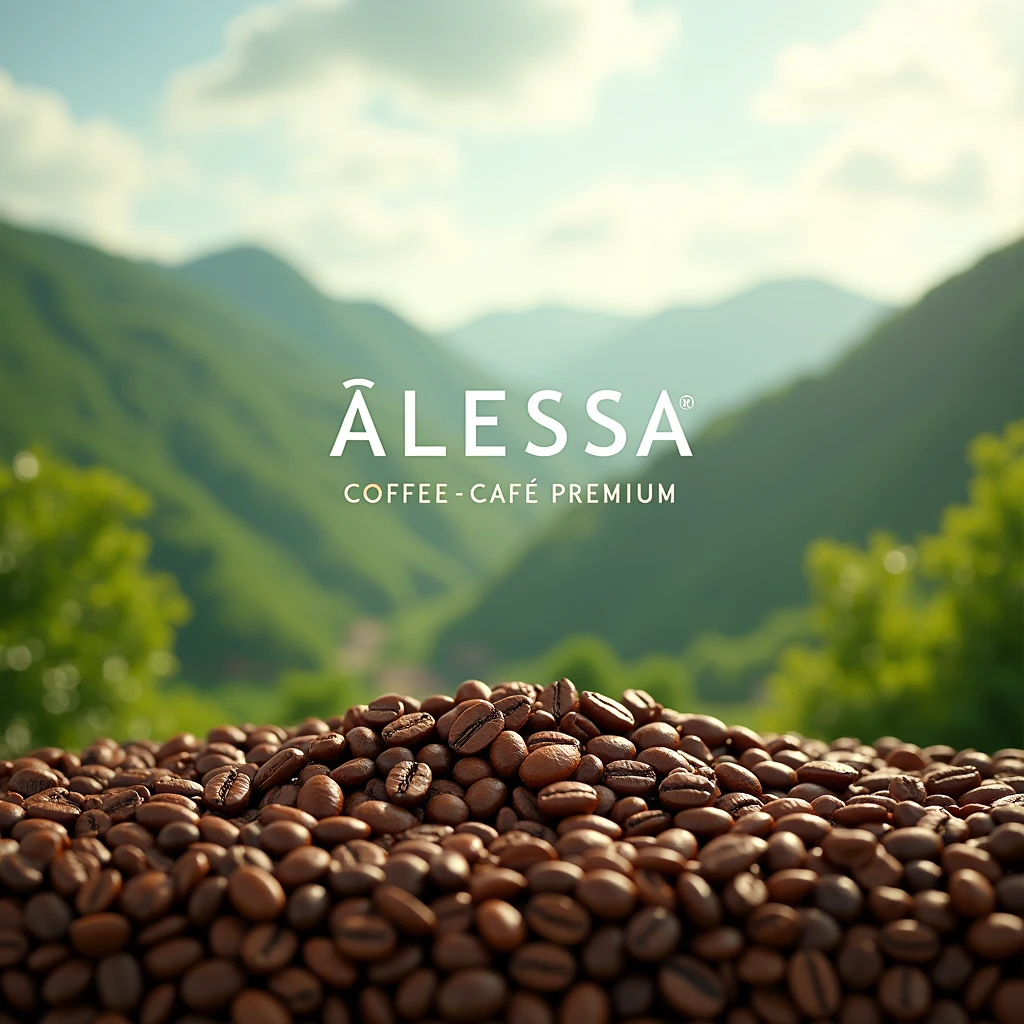 Create some roasted coffee beans and ripe coffee beans surrounded by green mountains and in the middle it says: ALESSA COFEE Café Premium