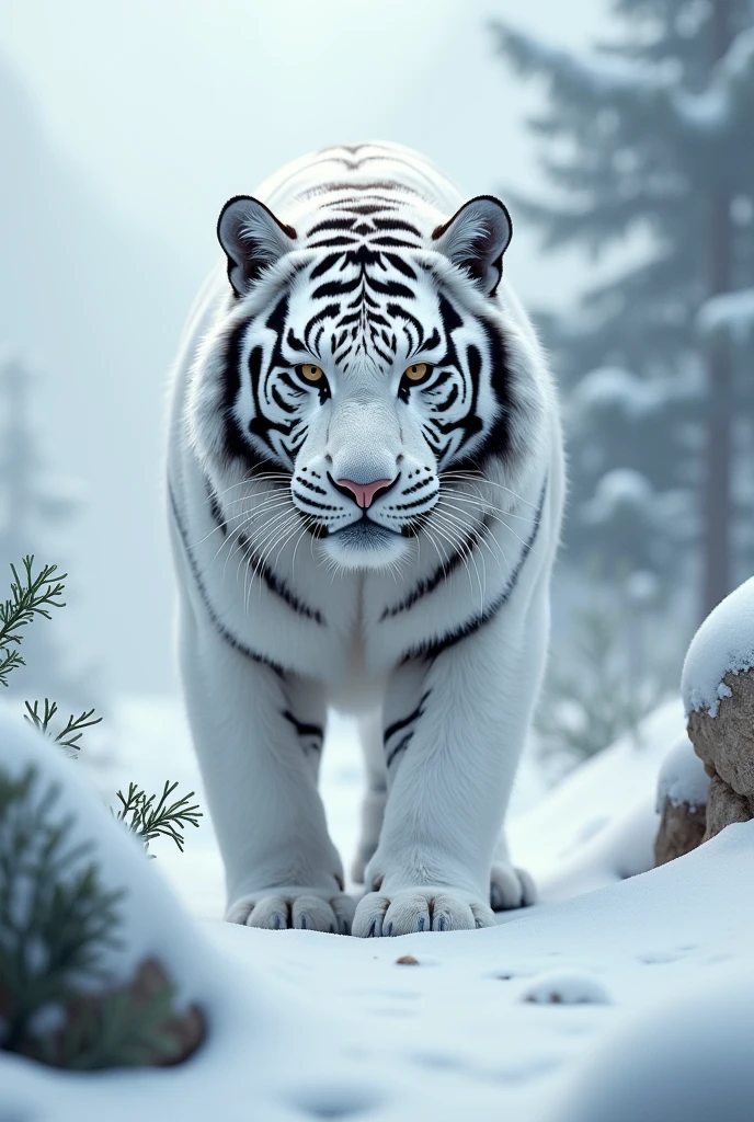 Create an animal with a combination between a white tiger and a blackberry, in the snow
