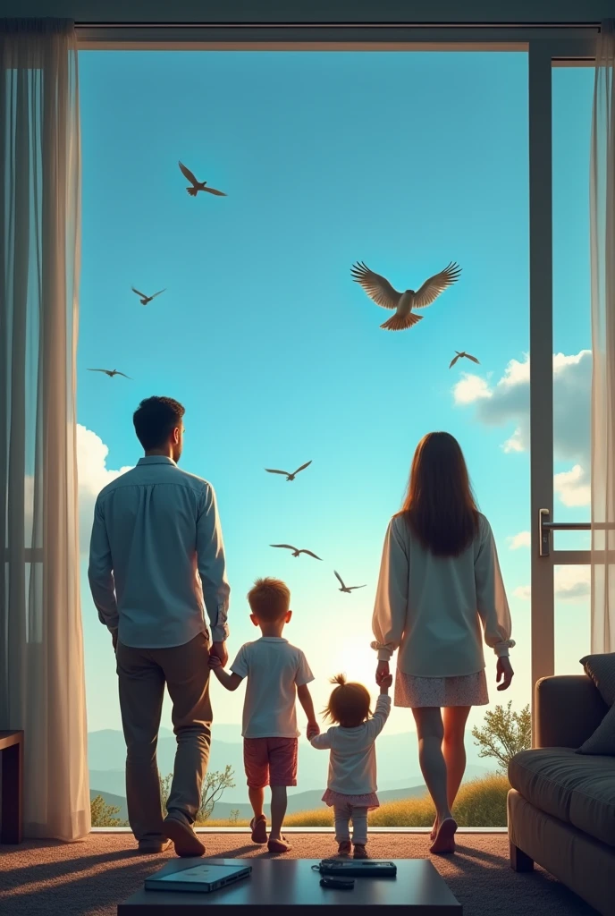 Une famille père, mère et enfant tourne le dos à la télé, qui'montre la guerre . Sur la table basse ils laissent les portable et ordi, pour promener et regarde le beau Ciel bleu avec des oiseaux qui s'envolent, angle de trois quart sur la droite , la télé est derrière eux et ils ne la vois pas , la famille sorte de la maison, net 10K photo grande qualité