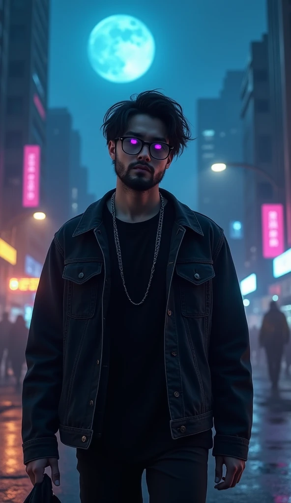 1 white adult male with bright purple eyes, messy black hair parted in the middle, and a short beard. Serious expression. Wearing regular prescription glasses with black frames, an open black denim jacket, a black shirt underneath and a silver chain around his neck. Walking in a futuristic city at night with heavy fog and blue moonlight.