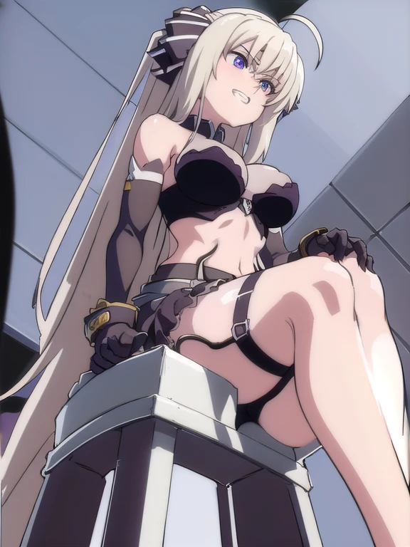 prison, concrete wall, concrete floor, ((bare shoulders)), ((black bustier)), ((black stockings)), ((black g-string)), ((black high heels)), ((black garter belt)), ((black elbow gloves)), ((chair)), ((female sitting in a chair)), ((evil grin)), (((((from below:1.4))))), looking at viewer, ass pov, ((((looking down:1.5)))), ((stare at viewer with stern eyes)),
One girl,  Long Hair, Purple eyes,  chest, Ahoge,   very Long Hair,   large breasts, ribbon,  hair ribbon, ponytail,  bangs,
