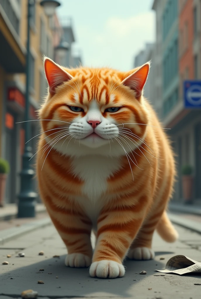 Fat orange cat walking on the street crying because he was rejected