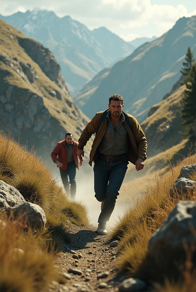 A man chasing a man on hills