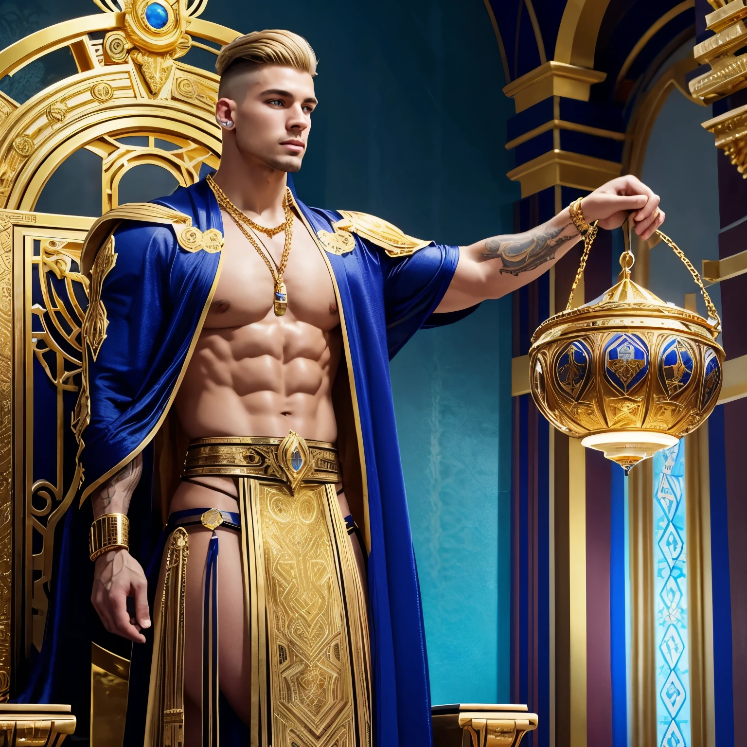 ull body view, a muscular white european over-bodybuilded handsome man with undercut clean haircut of his brown and gold blonde streaks haircut, in Neo-Byzantine Futurist style, golden socks, indigo and gold clothing, gold rings, necklaces, bracelets, piercings, with gold and indigo futuristic mosaics behind the golden and lapis lazuli throne on whith he's swallowed, looking boring 