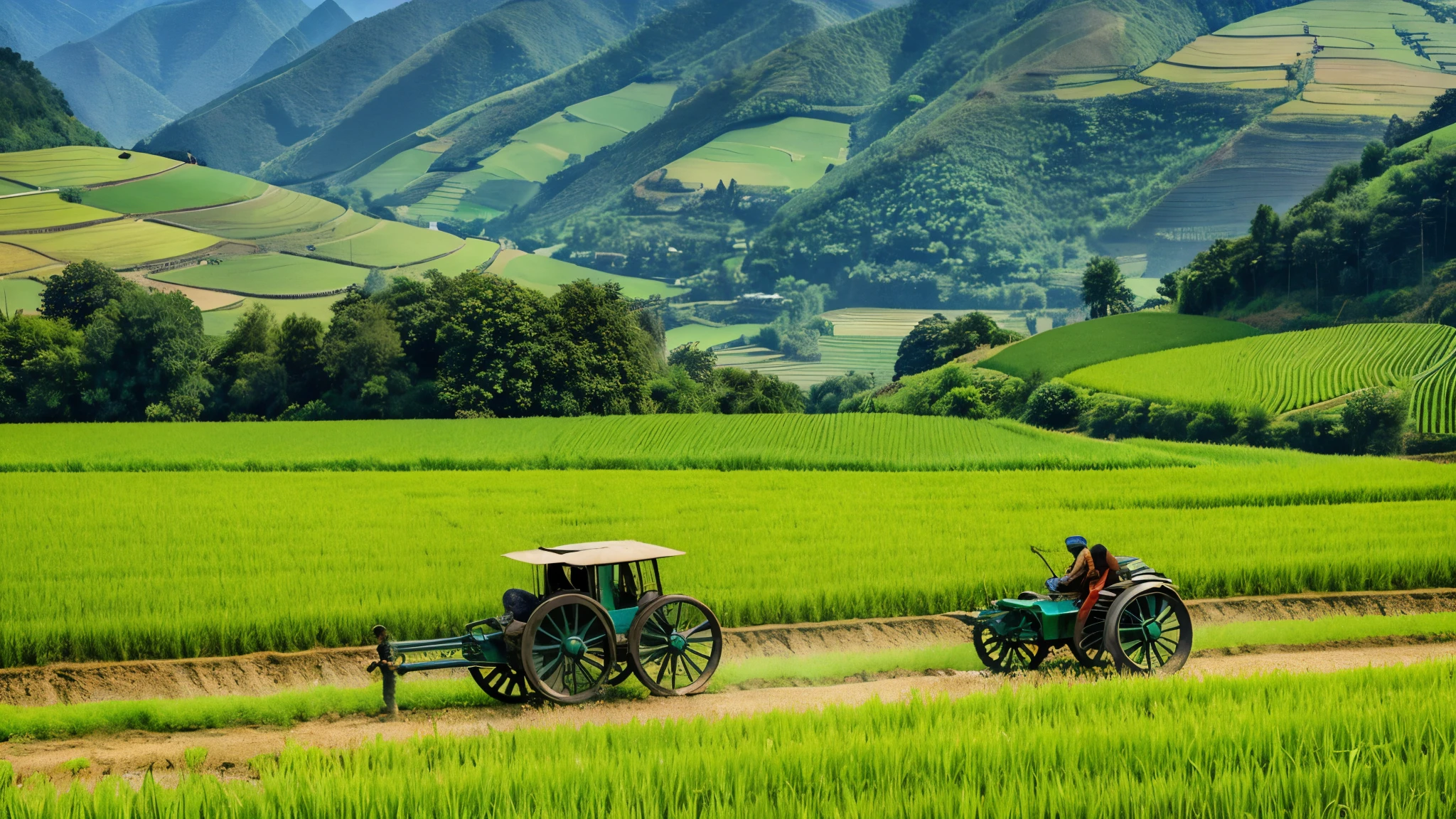 A Chinese rural landscape, featuring [agricultores trabalhando em campos de arroz irrigados por um sistema featuringplexo de canais] and dikes. The scene should show the use of (((Traditional farming tools))) and the harmonious interaction between man and nature, featuring uma montanha ao fundo e céu azul claro.