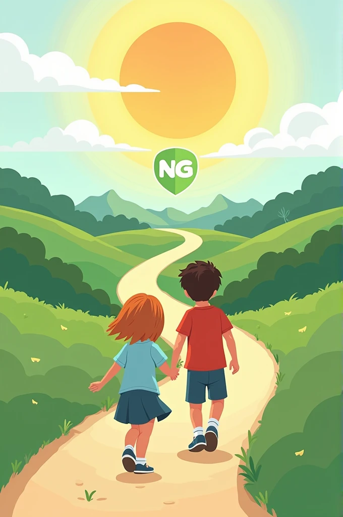 Green school shield with white details in the shape of a circle with the letters LCNG in the center in black , At the top there is a sun and the sky and at the bottom there are two children walking down a path with their backs turned, holding hands.