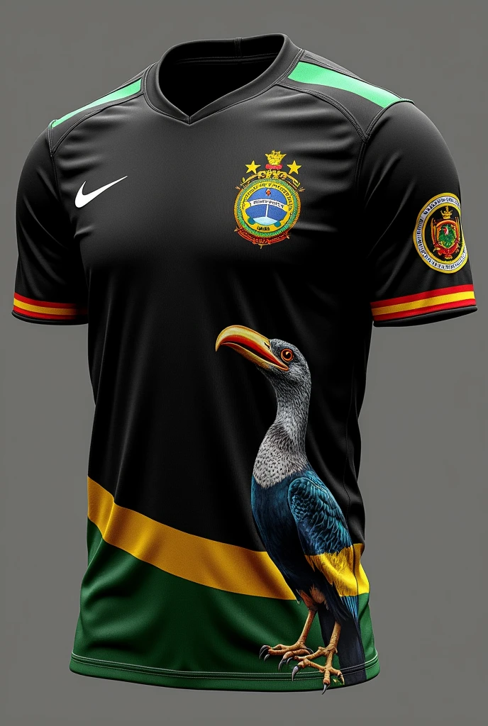 Create an all-black team shirt with the Maranhão state flag on the chest of the shirt at the top, the wise-of-the-beach bird on the bottom side of the blouse, and reggae flag details on the sleeve of the blouse
