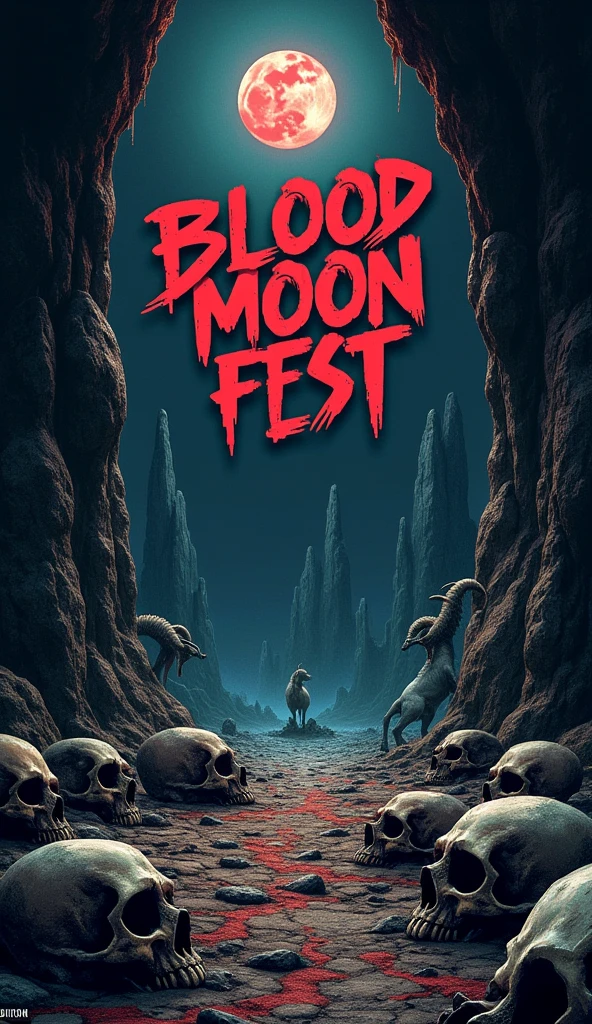 flyer for metal event Scary cave with skulls on the floor, goats and with a small red moon and on the wall is the phrase Blood Moon Fest 

