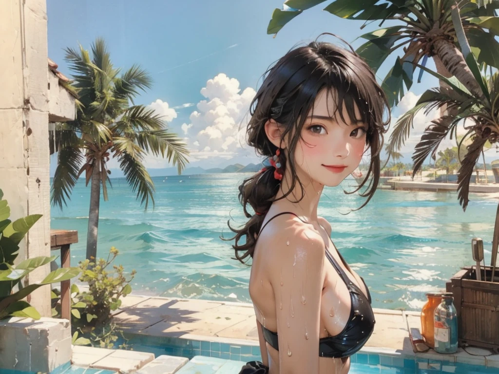 ((highest quality, masterpiece, High resolution)), ((reality)),Photos of beautiful Japanese women,((anime art))、 (((1 girl))), normal size breasts, slim body shape, long ponytail,double eyelid, Wet see-through micro bikini, A pareo with bold ethnic patterns and plenty of primary colors、(Brown skin:1.4),realistic skin、Wet,whole body,cinematic light、tropical、Against the background of palm trees on both sides、on a sunny beach、With the sea in the background、blur background、smile