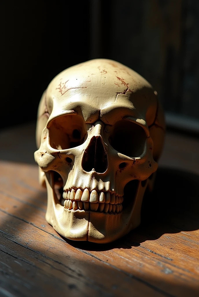 A human skull resting on a weathered wooden table, surrounded by shadows, detailed textures of bone and wood, realistic and moody atmosphere