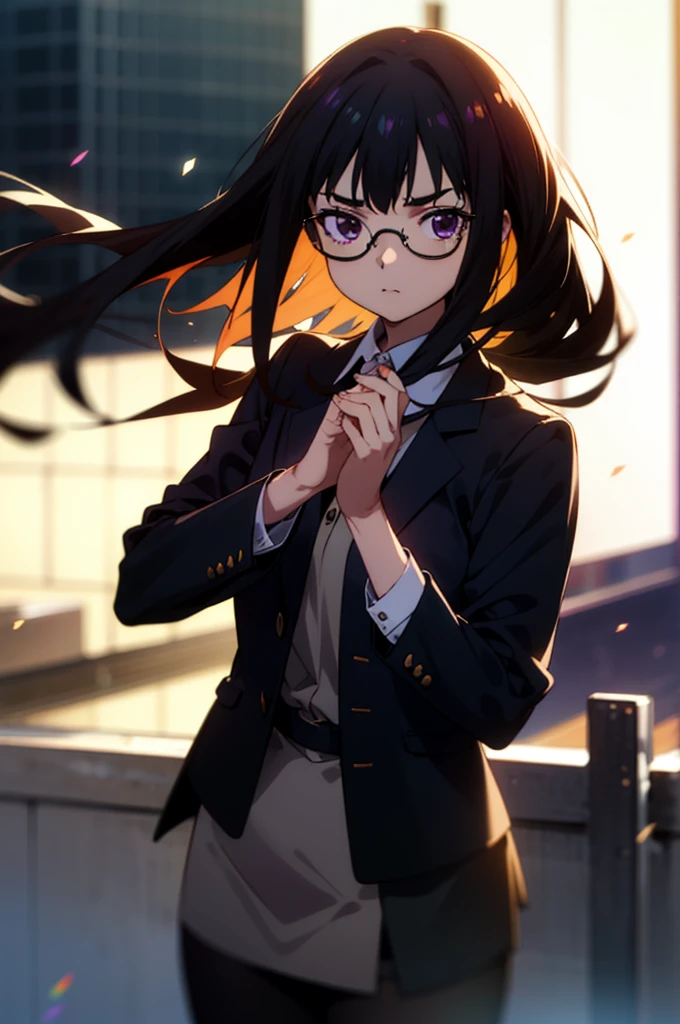 Takiuchi, Inoue Check, Long Hair, bangs, Black Hair, (Purple eyes:1.2),
OL, Akagi Glasses, Black suit jacket, Collared jacket, White dress shirt, Collared shirt, Neckline, button, Black Pencil Skirt, Black Pantyhose,Stiletto heels,The rising sun, break outdoors,city,area,シティストリート break looking at viewer, Upper Body,(Cowboy Shot:1.5), break (masterpiece:1.2), Highest quality, High resolution, unity 8k wallpaper, (shape:0.8), (Beautiful details:1.6), Highly detailed face, Perfect lighting, Highly detailed CG, (Perfect hands, Perfect Anatomy),