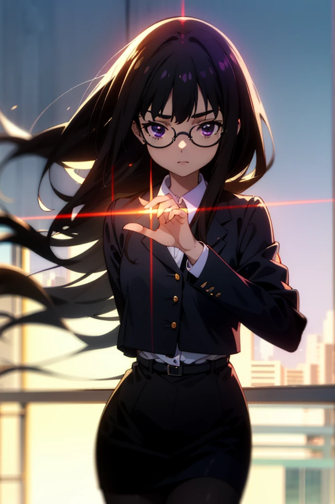 Takiuchi, Inoue Check, Long Hair, bangs, Black Hair, (Purple eyes:1.2),
OL, Akagi Glasses, Black suit jacket, Collared jacket, White dress shirt, Collared shirt, Neckline, button, Black Pencil Skirt, Black Pantyhose,Stiletto heels,The rising sun, break outdoors,city,area,シティストリート break looking at viewer, Upper Body,(Cowboy Shot:1.5), break (masterpiece:1.2), Highest quality, High resolution, unity 8k wallpaper, (shape:0.8), (Beautiful details:1.6), Highly detailed face, Perfect lighting, Highly detailed CG, (Perfect hands, Perfect Anatomy),