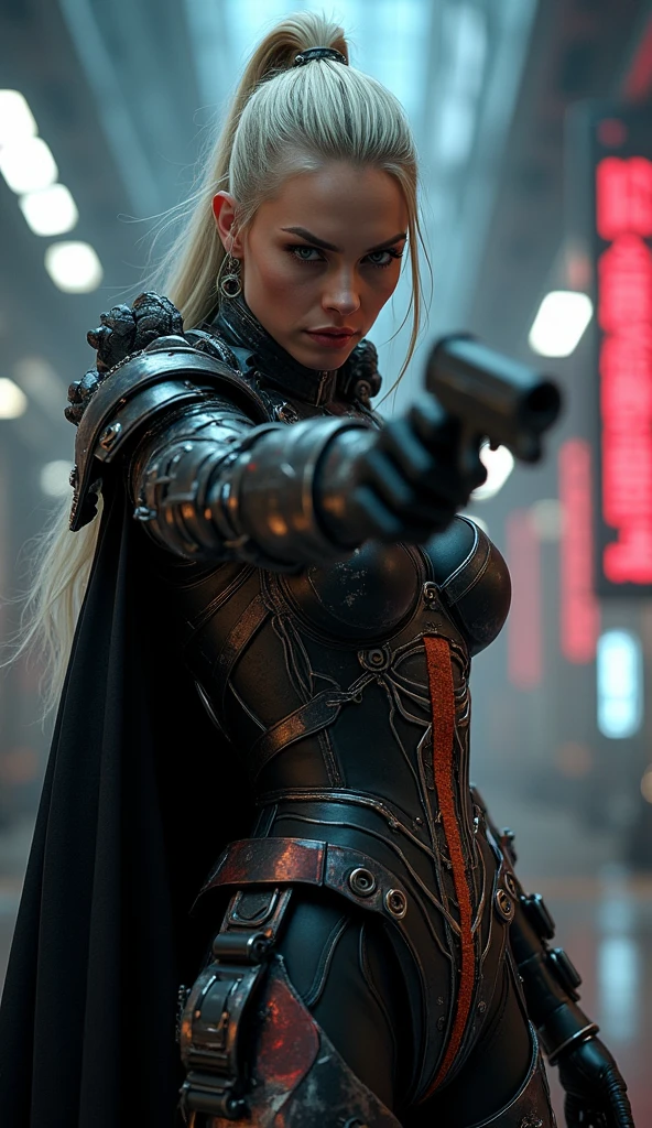 full body shot, low angle shot, (best quality,8K,highres,masterpiece:1.2), ultra-detailed, realistic, photorealistic:1.37, cyberpunk goddess of war, natalie dormer face, sexy and dangerous, sexy armor, deadly weapon, angry look, pointing target, majestic appearance, defiant yet awe-inspiring , dark sci-fi, horror, dark and doomy, full body shot, hyper realistic, cinematic lighting, dramatic pose, intricate details, advanced technology, neon lights, dark atmosphere, moody colors, dramatic shadows, film grain, shallow depth of field, cinaematic shot, ohwx woman face, immersive sci-fi background