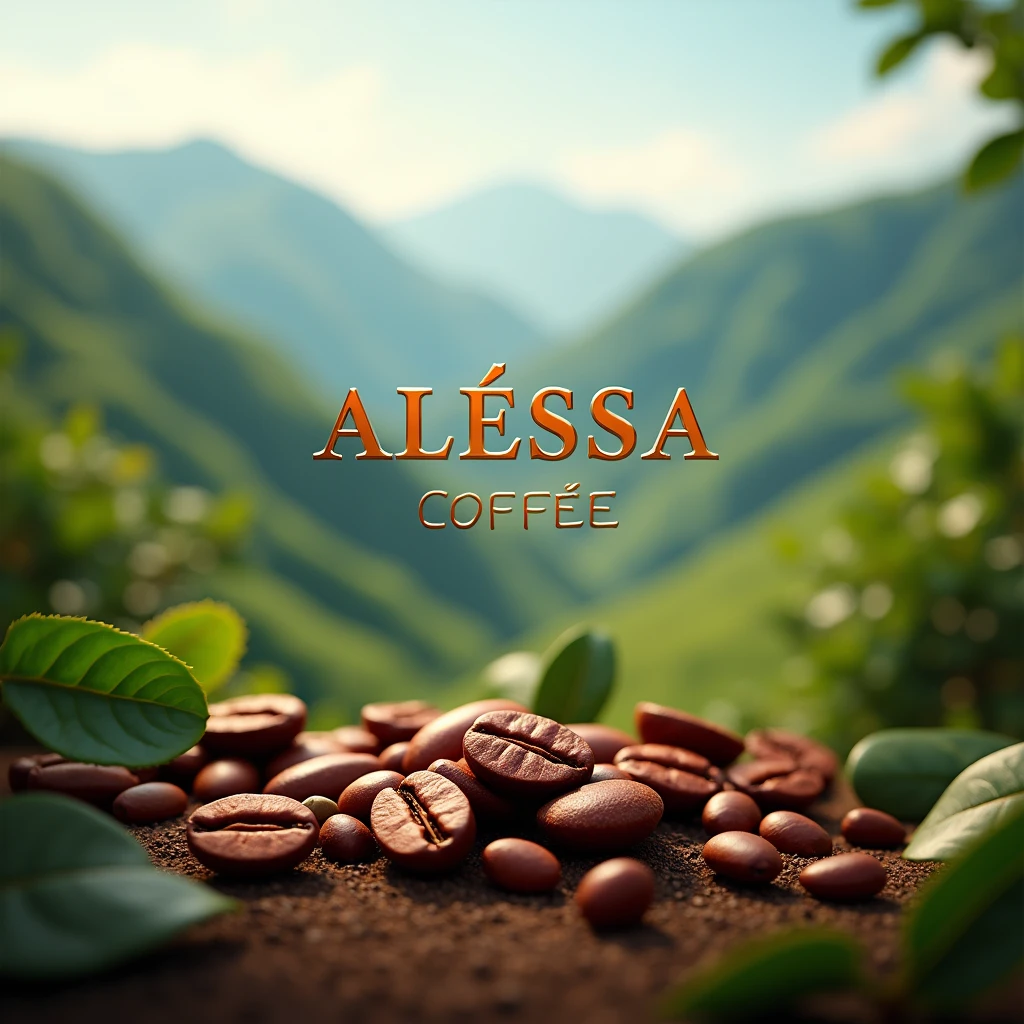 Create ripe coffee beans surrounded by green mountains and in the middle it says: ALESSA COFEE Café Premium
