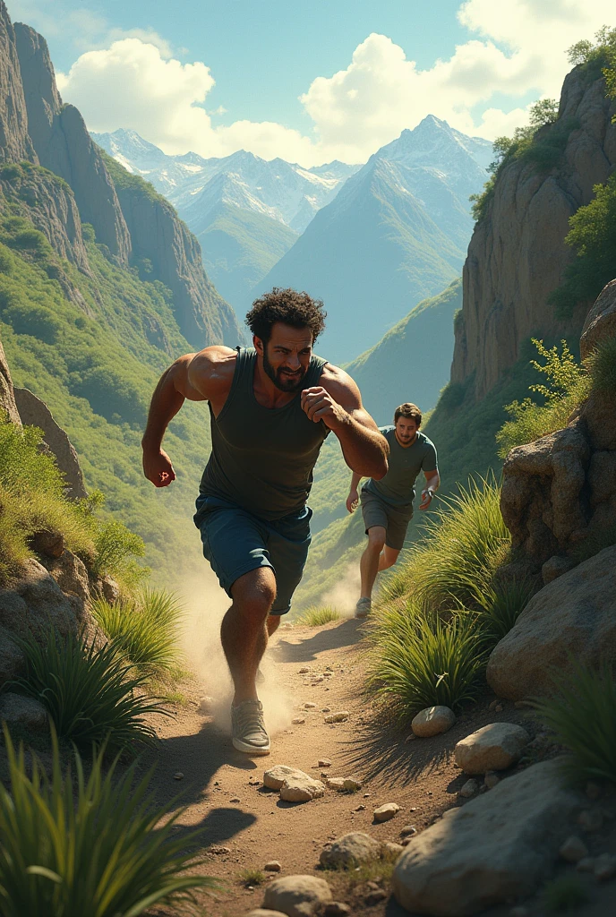 A man chasing a man on hills
