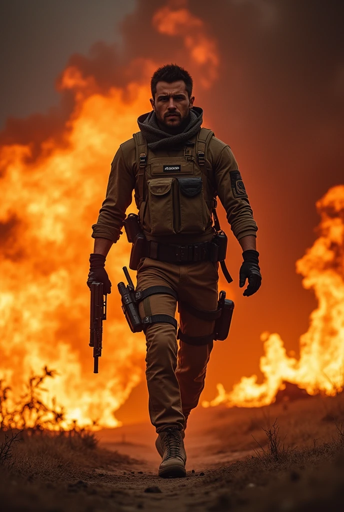 ( A mercenary on a mission in the Caribbean, Cena de filme, Sharp focus for camera, capa de filme, explosion on the horizon ) 8k, UHD, severe low lighting, alta qualidade, foco nitido, Fujifilm XT3 --auto