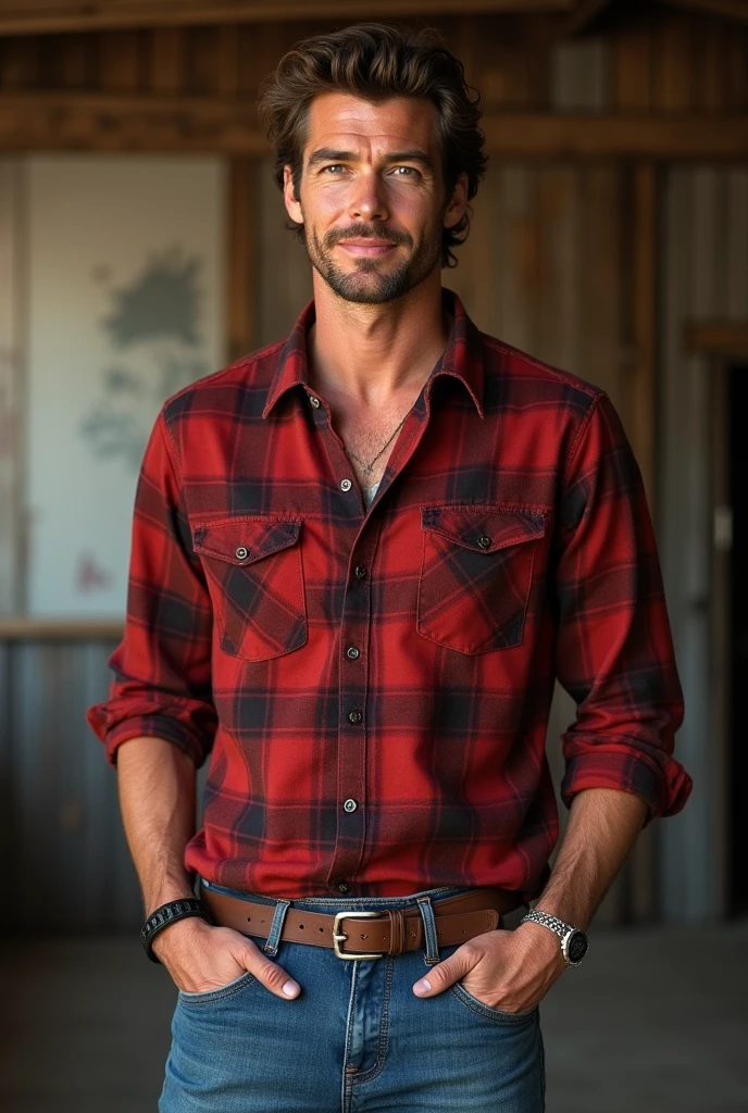 Young Pierce Brosnan in red flannel shirt and long blue jeans.