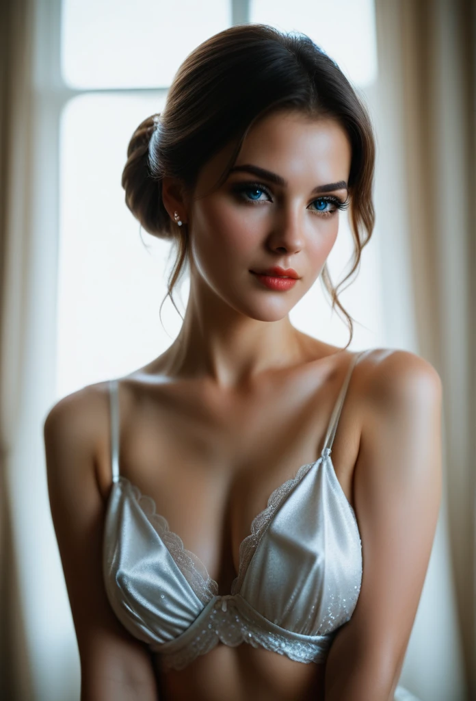beautiful girl, beautiful blue eyes, 1girl, half body, pulling panties down to knees, intimate pubic haircut, detailed face, long eyelashes, hyper detailed, photorealistic, 8k, high resolution, masterpiece, intricate details, cinematic lighting, dramatic lighting, warm colors, soft focus, elegant, serene, sensual