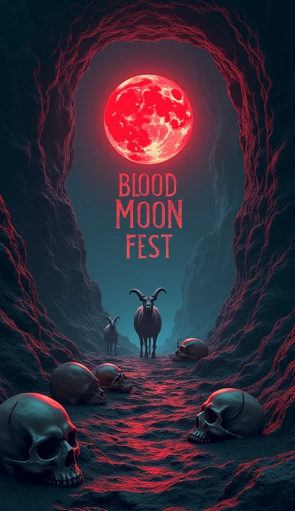 flyer for metal event Scary cave with skulls on the floor, goats and with a small red moon and on the wall is the phrase Blood Moon Fest 

