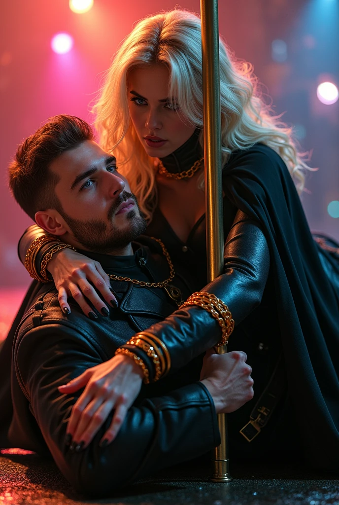 A blonde woman pinning a brown-haired man to the ground by threatening him with a golden spear to his neck, both young, the man with a little beard. The woman has light blue eyes and the man has brown eyes.. The man has a black cape with gold details, He looks thirty years old, He holds some chains around the blonde's arms that are orange, The background is a disco. The two are fighting. The woman is wearing a full black leather suit