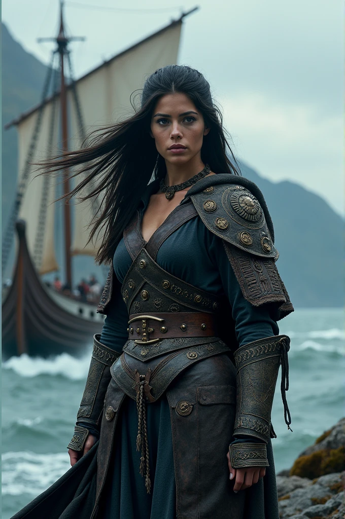 Femme cheveux noir viking fond d'écran bateau 